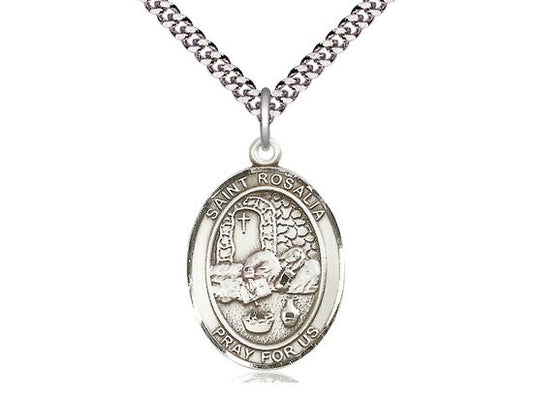 Sterling Silver St Rosalia Sterling Silver Pendant on a 24 inch Light Rhodium Heavy Curb Chain.
