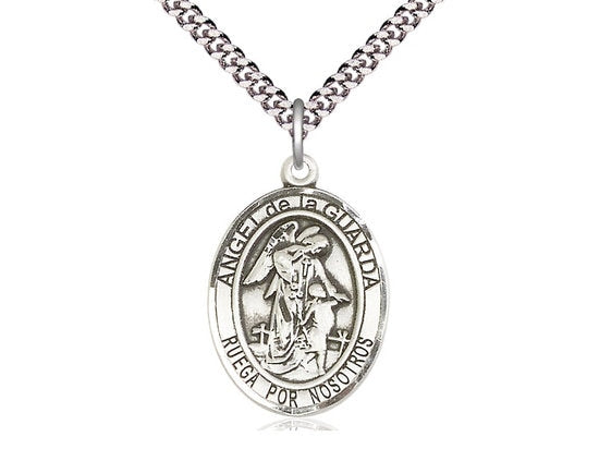 Angel de la Guarda Sterling Silver Pendant on a 24 inch Light Rhodium Heavy Curb Chain.