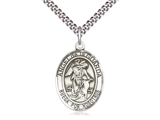 Angel de la Guarda Sterling Silver Pendant on a 24 inch Light Rhodium Heavy Curb Chain.