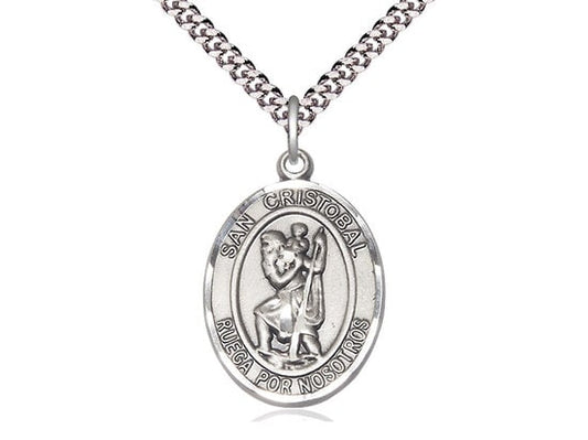 San Cristobal Sterling Silver Pendant on a 24 inch Light Rhodium Heavy Curb Chain.