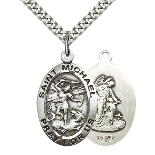 St. Michael the Archangel Sterling Silver on a 24 inch Light Rhodium Heavy Curb Chain.