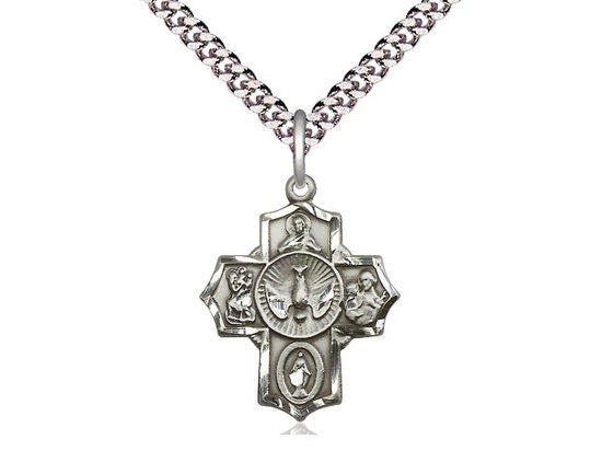 Sterling Silver 5-Way Pendant on a 24 inch Light Rhodium Heavy Curb Chain.