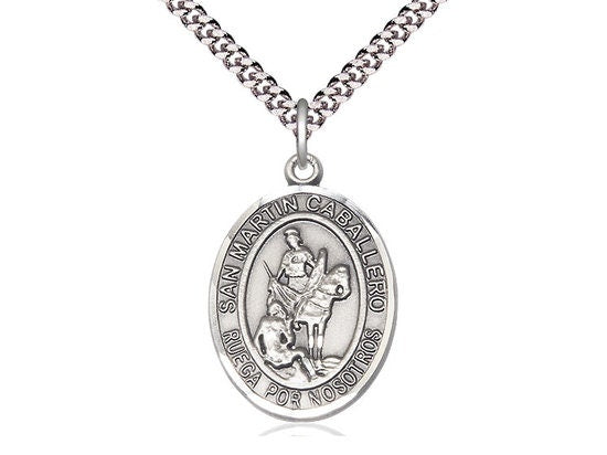 San Martin Caballero Sterling Silver Pendant on a 24 inch Light Rhodium Heavy Curb Chain.