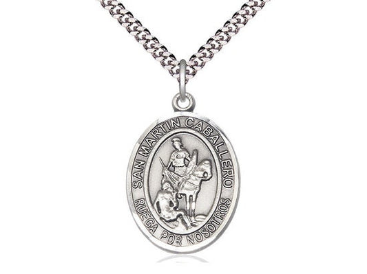 San Martin Caballero Sterling Silver Pendant on a 24 inch Light Rhodium Heavy Curb Chain.
