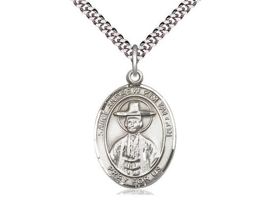 St Andrew Kim Taegon Sterling Silver Pendant on a 24 inch Light Rhodium Heavy Curb Chain.