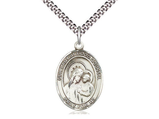 Our Lady of Good Counsel Sterling Silver Pendant on a 24 inch Light Rhodium Heavy Curb Chain.