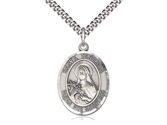 Santa Teresita Sterling Silver Pendant on a 24 inch Light Rhodium Heavy Curb Chain.