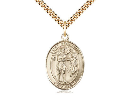 St Sebastian Gold Filled Pendant on a 24 inch Gold Plate Heavy Curb Chain.