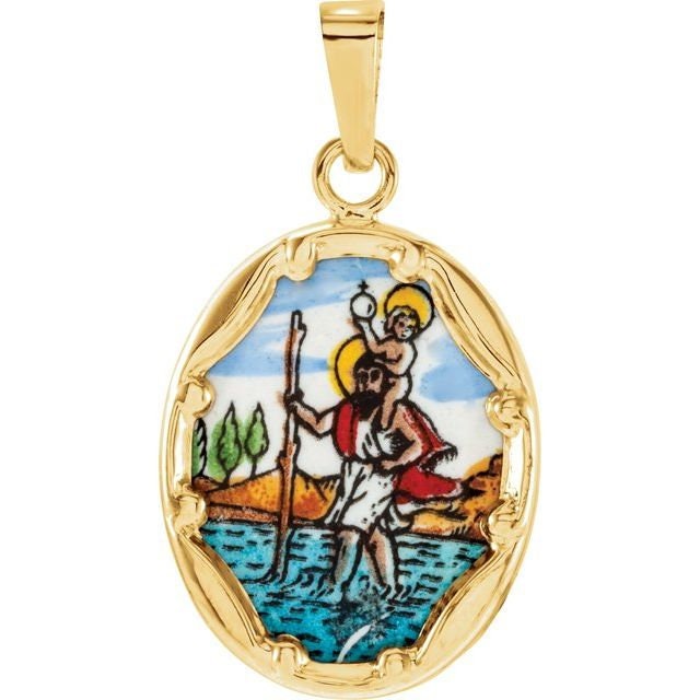 Yellow 17x13.5 mm St. Christopher Hand-Painted Porcelain Medal