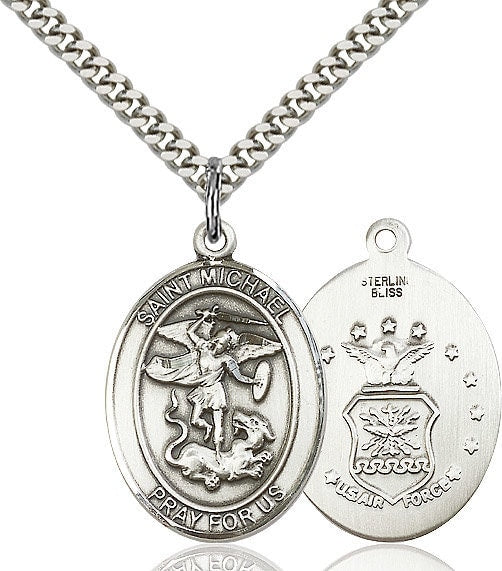 St Michael Air Force Sterling Silver Pendant  on a 24 inch Light Rhodium Heavy Curb Chain.