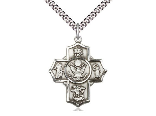 5-Way Army Sterling Silver Pendant  on a 24 inch Light Rhodium Heavy Curb Chain.