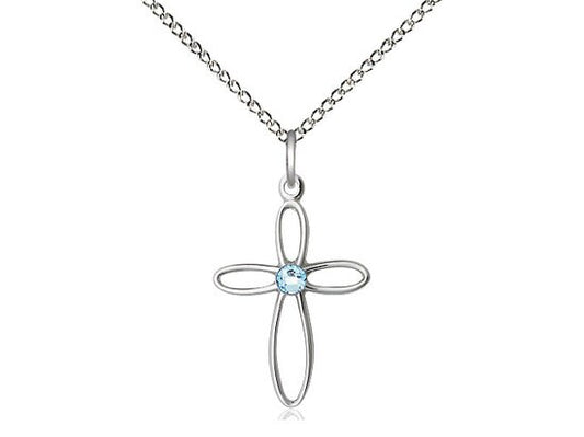 Sterling Silver Loop Cross Pendant with a 3mm Aqua Swarovski stone on a 18 inch Sterling Silver Light Curb Chain.