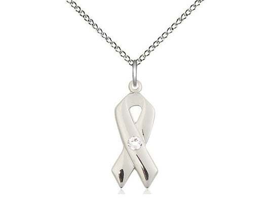 Sterling Silver Cancer Awareness Pendant with a 3mm Crystal Swarovski stone on a 18 inch Sterling Silver Light Curb Chain.