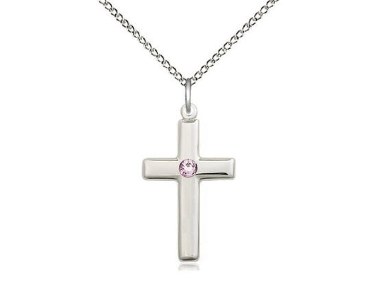 Sterling Silver Cross Pendant with a 3mm Light Amethyst Swarovski stone on a 18 inch Sterling Silver Light Curb Chain.