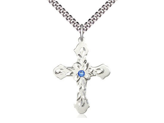 Sterling Silver Cross Pendant with a 3mm Sapphire Swarovski stone on a 24 inch Light Rhodium Heavy Curb Chain.