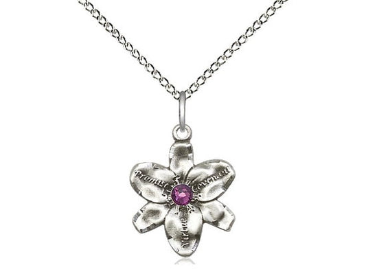 Sterling Silver Chastity Pendant with a 3mm Amethyst Swarovski stone on a 18 inch Sterling Silver Light Curb Chain.