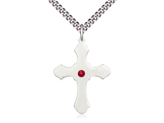 Sterling Silver Cross Pendant with a 3mm Ruby Swarovski stone on a 24 inch Light Rhodium Heavy Curb Chain.