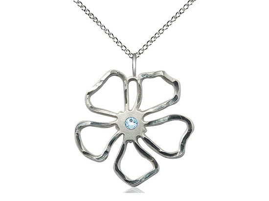 Sterling Silver Five Petal Flower Pendant with a 3mm Aqua Swarovski stone on a 18 inch Sterling Silver Light Curb Chain.