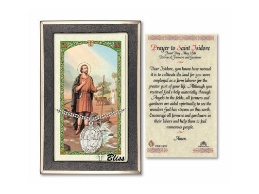 Saint Isidore the Farmer Medal on a 24 inch Heavy Curb Chain with a Prayer to Saint Isidore Prayer Card.
