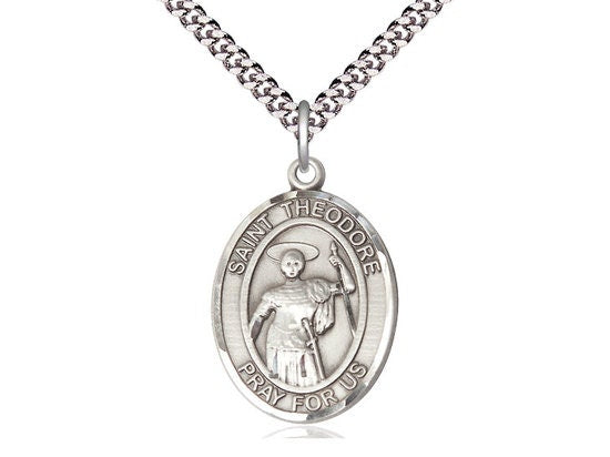 St Theodore Stratelates Sterling Silver Pendant on a 24 inch Light Rhodium Heavy Curb Chain.