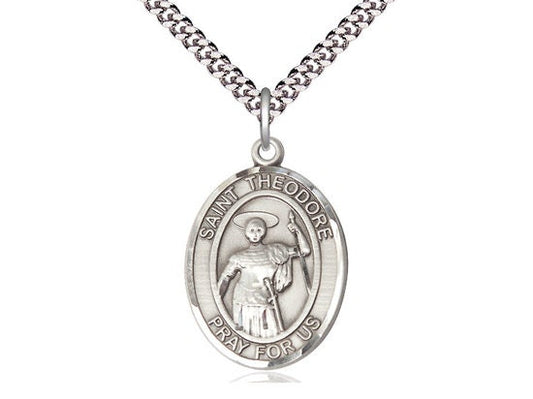 St Theodore Stratelates Sterling Silver Pendant on a 24 inch Light Rhodium Heavy Curb Chain.