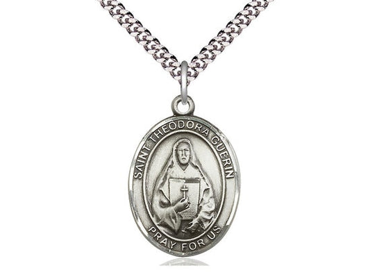 St Theodora Sterling Silver Pendant on a 24 inch Light Rhodium Heavy Curb Chain.