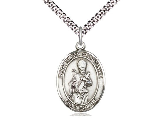 St Simon Sterling Silver Pendant on a 24 inch Light Rhodium Heavy Curb Chain.