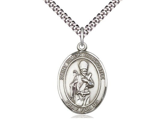 St Simon Sterling Silver Pendant on a 24 inch Light Rhodium Heavy Curb Chain.