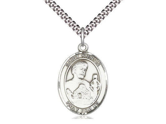 St Kieran Sterling Silver Pendant  on a 24 inch Light Rhodium Heavy Curb Chain.
