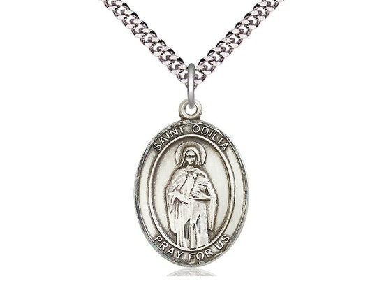 St Odilia Sterling Silver Pendant on a 24 inch Light Rhodium Heavy Curb Chain.