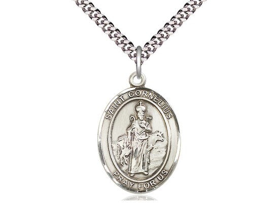 St Cornelius Sterling Silver Pendant on a 24 inch Light Rhodium Heavy Curb Chain.