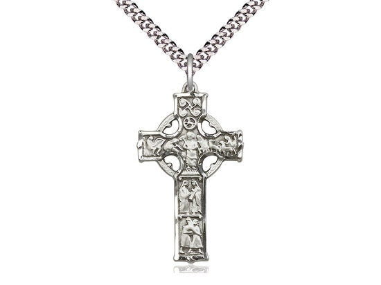 Sterling Silver Celtic Cross Pendant on a 24 inch Light Rhodium Heavy Curb Chain.