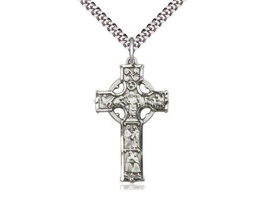 Sterling Silver Celtic Cross Pendant on a 24 inch Light Rhodium Heavy Curb Chain.