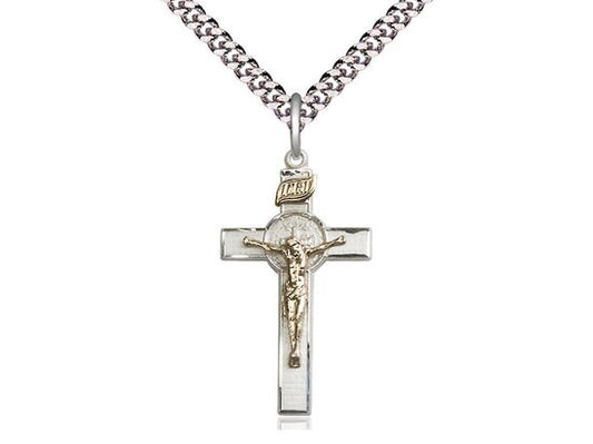 2-Tone Sterling Silver / Gold Filled St. Benedict Crucifix Pendant on a 24 inch Light Rhodium Heavy Curb Chain.