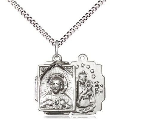 Sterling Silver Scapular Pendant on a 18 inch Light Rhodium Light Curb Chain.