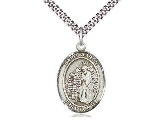 St Aaron Sterling Silver Pendant on a 24 inch Light Rhodium Heavy Curb Chain.