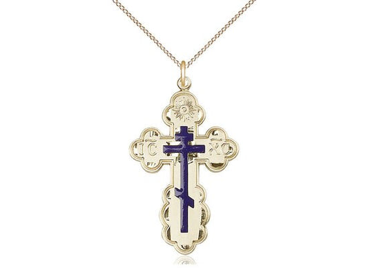 Gold Filled St. Olga Cross Medal on a Gold Filled Light Curb Chain.