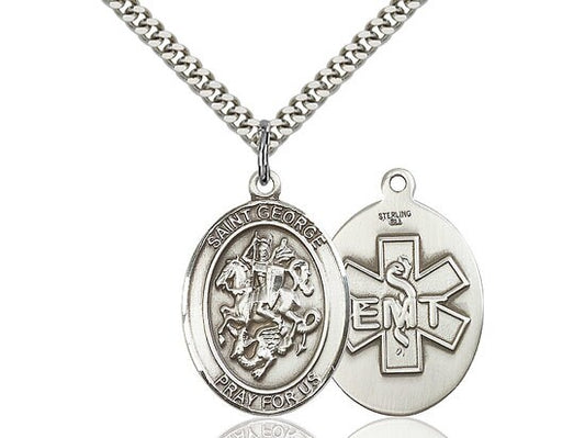 St George EMT Sterling Silver Pendant on a 24 inch Light Rhodium Heavy Curb Chain.