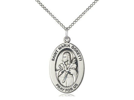 St. Maria Goretti Sterling Silver Pendant on a 18 inch Sterling Silver Light Curb Chain.