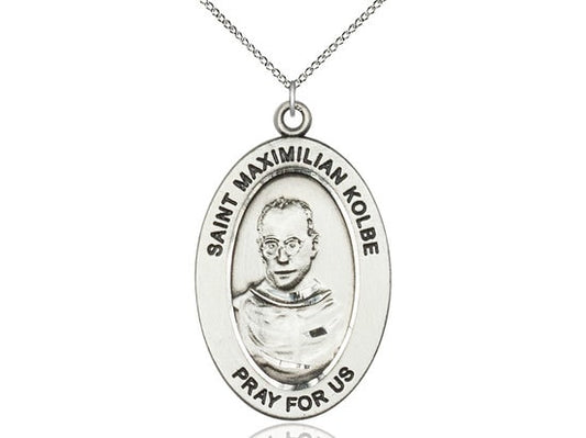 St. Maximilian Kolbe Sterling Silver Pendant on a 18 inch Sterling Silver Light Curb Chain.