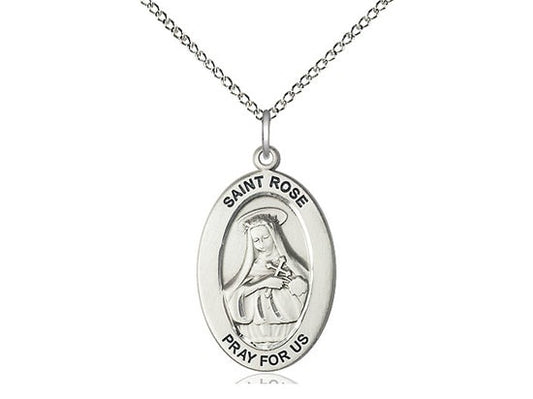 St. Rose of Lima Sterling Silver Pendant on a 18 inch Sterling Silver Light Curb Chain.