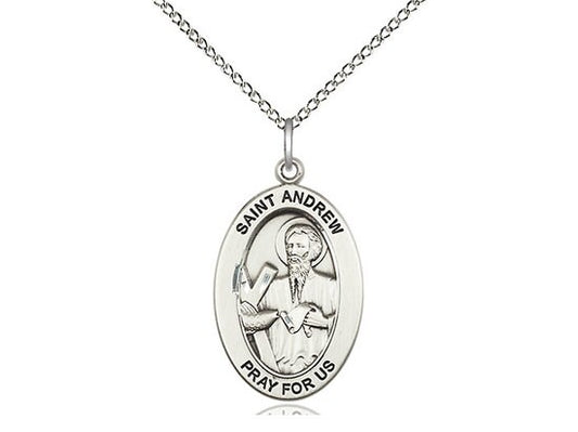 St. Andrew the Apostle Sterling Silver Pendant on a 18 inch Sterling Silver Light Curb Chain.