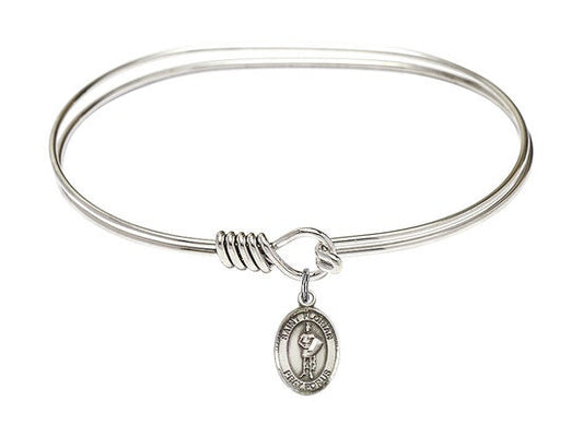 Saint Florian Sterling Silver Charm on a 7 inch Oval Eye Hook Rhodium Bangle Bracelet