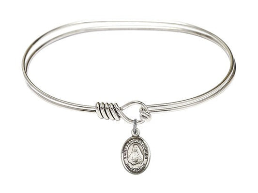 Saint Frances Cabrini Sterling Silver Charm on a 7 inch Oval Eye Hook Rhodium Bangle Bracelet