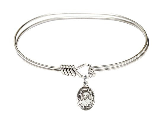 Saint Ignatius of Loyola Sterling Silver Charm on a 7 inch Oval Eye Hook Rhodium Bangle Bracelet