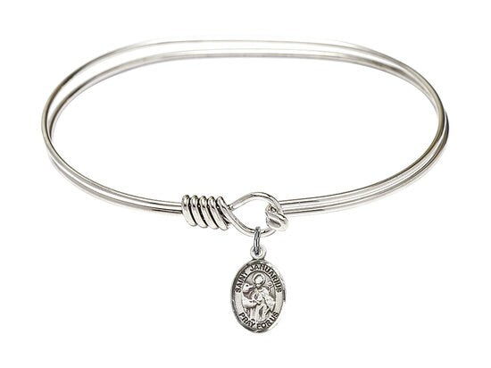 Saint Januarius Sterling Silver Charm on a 7 inch Oval Eye Hook Rhodium Bangle Bracelet