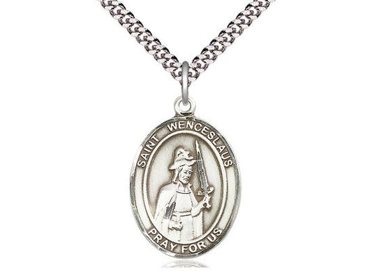 St Wenceslaus Sterling Silver Pendant  on a 24 inch Light Rhodium Heavy Curb Chain.