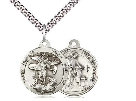 Saint Michael the Archangel / Guardian Angel Sterling Silver Pendant on a 24 inch Light Rhodium Heavy Curb Chain.