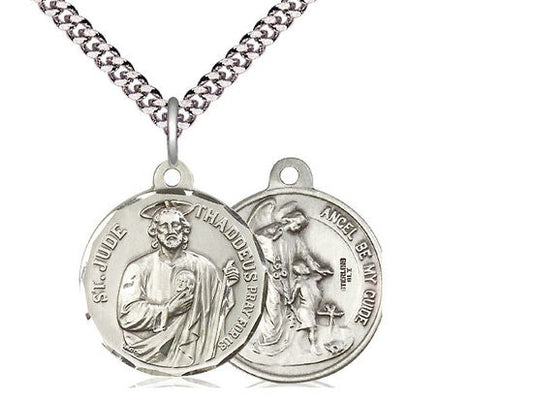 Saint Jude / Guardian Angel Sterling Silver Pendant on a 24 inch Light Rhodium Heavy Curb Chain.