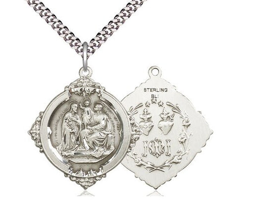 Holy Family Sterling Silver Pendant on a 24 inch Light Rhodium Heavy Curb Chain.